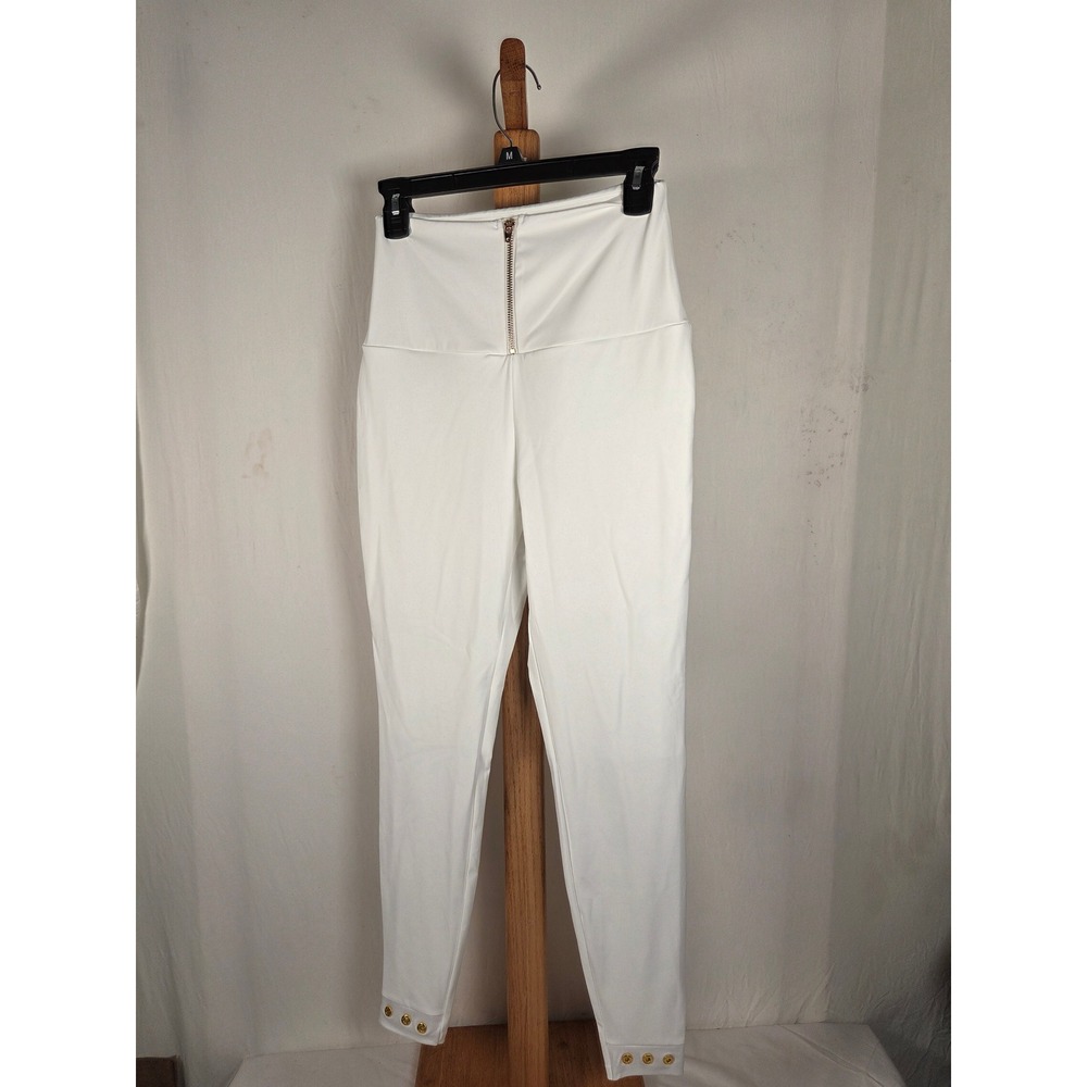White High Waisted Front Zip Leggings Gold Ankle Buttons Size‎ Medium